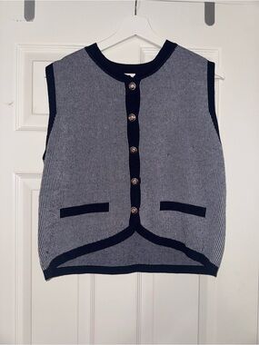 SHEIN Navy and White Sleeveless Knit Button-Front Vest